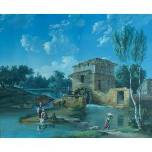 Old Painting Animated Landscape Washerwomen Water Mill  Sky Gouache Sv Boucher Frame