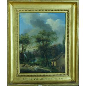 Old Painting Landscape Waterfall Aqueduct Roman Ruin Lyon School 19th Frame