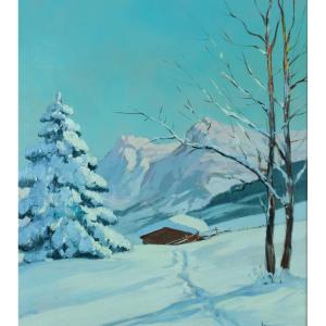 Suzanne Demarest Beau Tableau Ancien Neige Montagne Alpes Chalet  Sv Contencin Us 