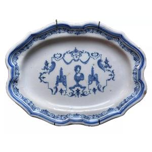 Beautiful Old Toulouse Earthenware Dish 18th Century Bérain Decor White Blue