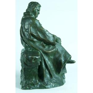 Ancien Bronze Portrait De Balzac Assis Sur Un Banc Alexandre Falguiere 1900