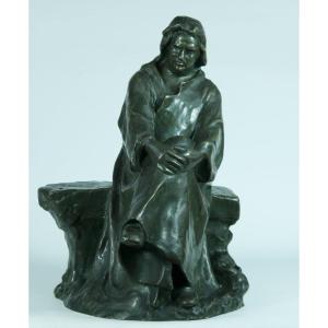 Antique Bronze Portrait Of Balzac Seated On A Bench Alexandre Falguiere 1900