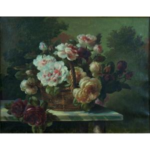 Gaston Boucher Tableau Ancien Bouquet De Roses Panier Osier Marbre Paysage Jardin  Lyon 19 ème