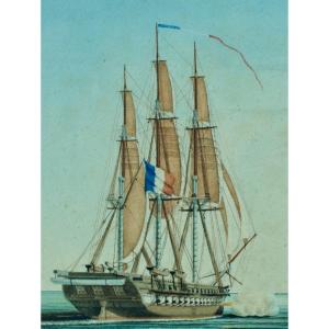 Dessin Ancien Marine bataille navale Frégate Française Napoléon Mer Méditerranée 19