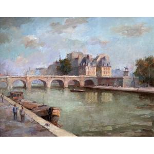 Fran Baro Grand Tableau Ancien  Paris La Seine à l'île De La Cité Paris 102cm Hst