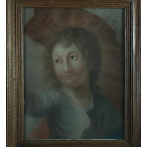 Ancien Portrait d'Enfant Christ Majesté Pastel Sous Verre Louis XVI Cadre Bois