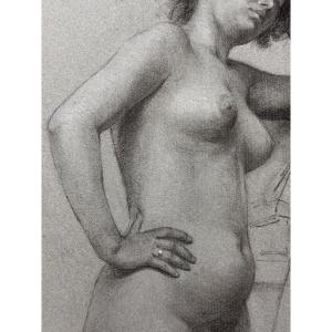 Ancien Dessin Académie Portrait Jeune Femme Nue Debout Acoudée Atelier 19ème