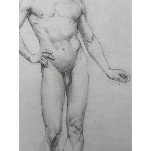 Ancien Dessin Académie Portrait Jeune Homme Brun Nu Debout Déhanché Atelier Contrapposto un