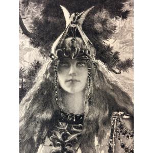 Gaston Bussiere Old Symbolist Engraving Portrait Walkirie Wagner Peladan Brunhilde Opera 