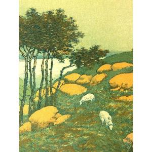 Charles Houdard Old Engraving Seaside Brittany Nabi Japonism Sheep 1900