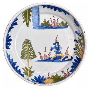 Nevers Moulins Old Earthenware Plate 18th Century Decorated With Seated Chinese Man