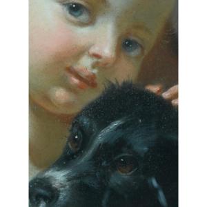 Old Pastel Painting Love Portrait Dog Companion Baby Child Cherub Pastel 18th Century