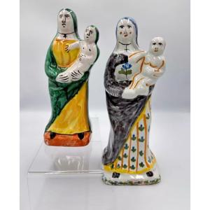 Old 18th Century Nevers Earthenware Virgin Mary And Child Malicorne Religion X2