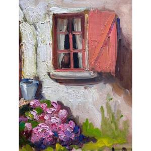 Jeanne Prin Old Breton Painting View Of House Facade Courtyard Garden Still Life Morbihan 