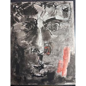 Antonio Guansé Tableau Moderne   Grand Portrait Visage Expressionniste 1961 Paris