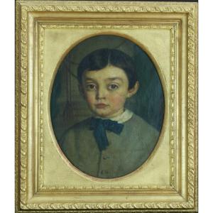 Old Painting Portrait Of Little Boy Costume Bow Tie Gilded Wood Frame 19th Century