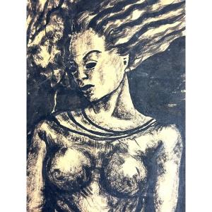 Tableau Ancien Expressionniste Grand Portrait Jeune  Femme Paysage Encre Spring