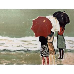 Cassigneul Honfleur Litho Femme Parapluie Mer Bateau Couleurs