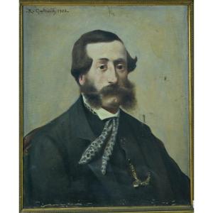 Capdevielle Tableau Ancien Portrait d'Homme Aux Favoris Moustache Auto portrait Art Nouveau 