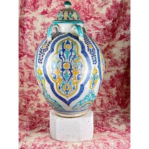 Grande Jarre Potiche  Couverte Orientaliste Fez Safi Serghini  Faience Maroc 65 Cm