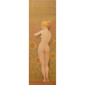 Paul Berthon Lithographie  Symboliste Art Nouveau Portrait Femme Nue Tournesol  Mucha