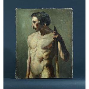 Old Painting Portrait Nude Man French Art Academy Oil On Canvas 19th