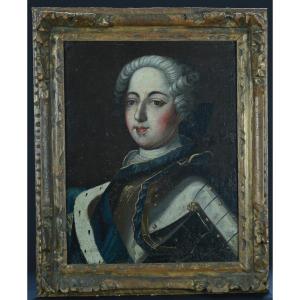 Painting Portrait Young Man In Armor Ermine Bust Sv Gobert 18th France King Louis XV Lys 