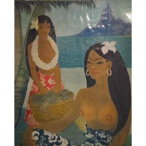 Deligne Antique Art Deco Lithograph Portrait Of A Naked Tahitian Woman Vahiné Moorea