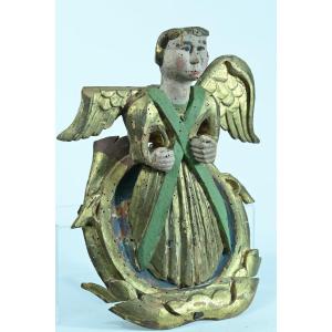 Ancien Ange d'Applique Art Populaire Bois Doré Sculpté Polychrome 17 ème Baroque Saint Jacques 