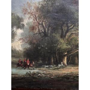 Oil On Canvas Hunting Scene Forest Crew Dogs Deer Barbizon 19th Century