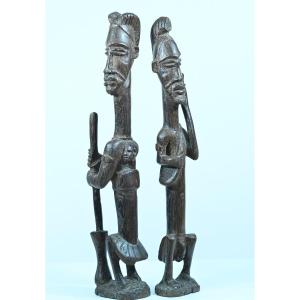 Grégoire  Massengo Ancienne Statue Africaine  Maternité Couple 1950 Bois Sculpté Palmier X2