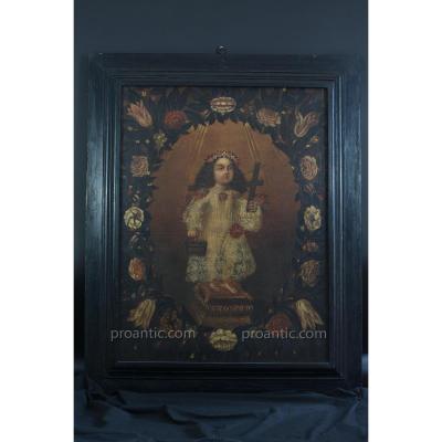 Religious Baroque Painting Portrait The Virgin Mary Maria Bambina Signed Caniego Valladolid 17th