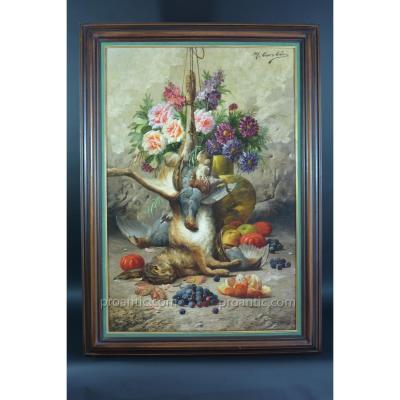 Beau Tableau Ancien Max Carlier Nature Morte Fleurs Fruits Gibier 19e Still Life