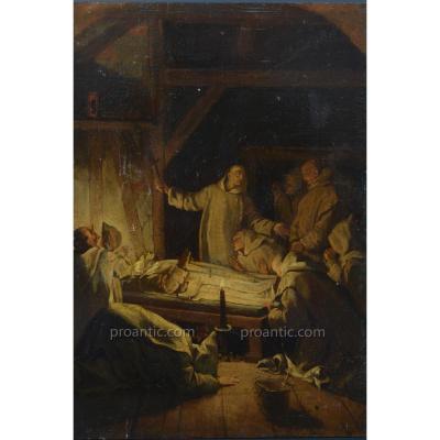 Beau Tableau Ancien La mort de SainT Bruno Moines Chartreux 1820