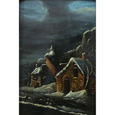 Beau Tableau Ancien Paysage Nocturne Sous La Neige Animé Sv Claude Malbranche