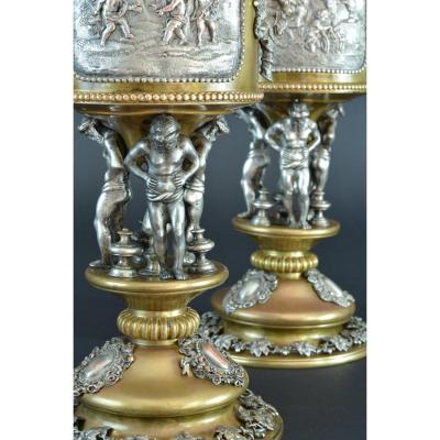 Paire De Grand Rafraîchissoir à Bouteille En Bronze Argent Aux Atlas Louis XVI