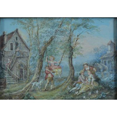 Tableau Ancien Paysage Animée école Française Scène Galante Jeu Balançoire 18 ème  Cadre