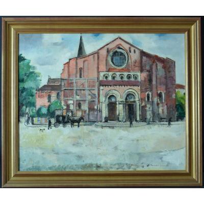 Large Animated Landscape Painting Bernard Lamotte Place Saint Sernin Toulouse Art Deco