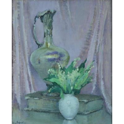 Antique Art Deco Painting Still Life Bouquet Of Flowers Ewer Book Lily Of The Valley Seguela