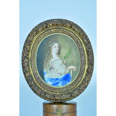 17th Table Old Portrait Saint Catherine Of Alexandria Vellum Golden Wood Frame