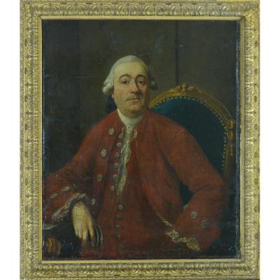 Grand  Tableau Ancien Portrait Homme Perruque Costume Rouge époque Louis XV Cadre