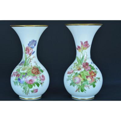 Ancien Vase Opaline Polychrome Atelier De Robert Baccarat Fleurs Glass 19ème X 2 