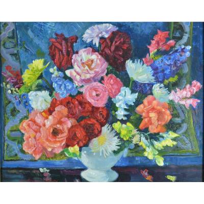 Large Old Painting  Berthommé Saint André Still Life Bouquets Of Flowers Peonies Frame Hst