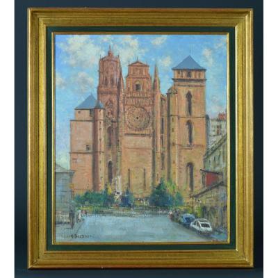 Beautiful Old Painting Marcel Boudou View From Rodez Aveyron Notre Dame Cathedral