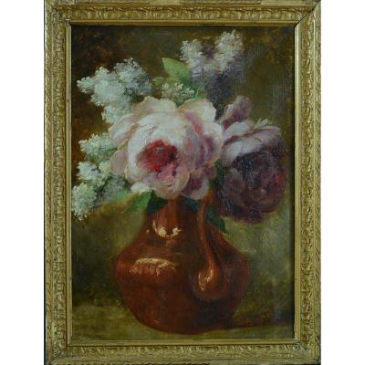 Old Table Signed Titgat Bouquet Of Peonies And Lilac Still Life Signed 1900 Hst