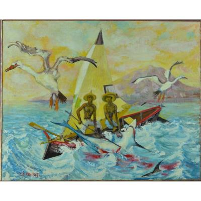 Jacques Allonsius Beau Modern Painting 50 'martinique Landscape Shark Fishing Marine Portrait