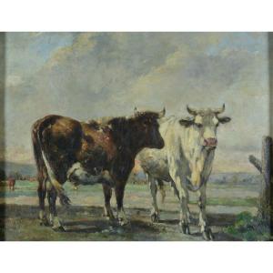 De La Rochenoire Tableau Ancien Vache Paysage Normandie  19e Cadre Hst