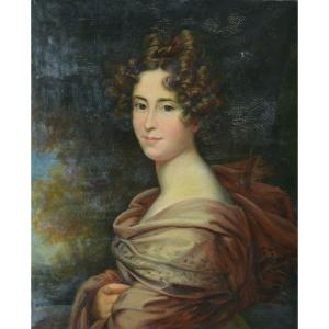 Old Empire Painting Portrait Young Woman Ent. Big Frame Baron