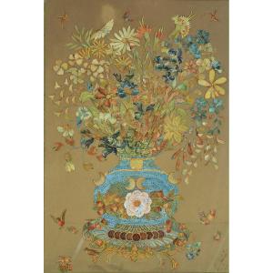 Tableau Ancien Art Populaire Allumettes Bouquet De Fleurs Vase Chinois Signé 