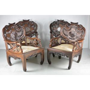 Ancien Salon Chine Indochine Bois De Fer Art Nouveau 1900 4 Fauteuils Sculptés Chauve-souris